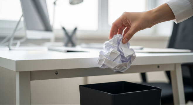 Hand throwing a crumpled piece of paper into a trash bin in an office setting