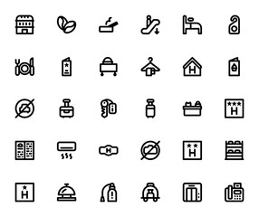 Hotel services icon set. Vector icon pack. Featuring building, coffee, bed, restaurant, room service, luggage, reception, elevator and more. Editable vector stroke. © wang