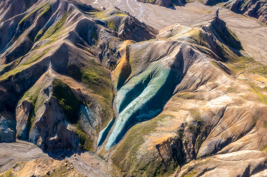 Aerial view of colorful rhyolite hills at Landmannalaugar, Iceland