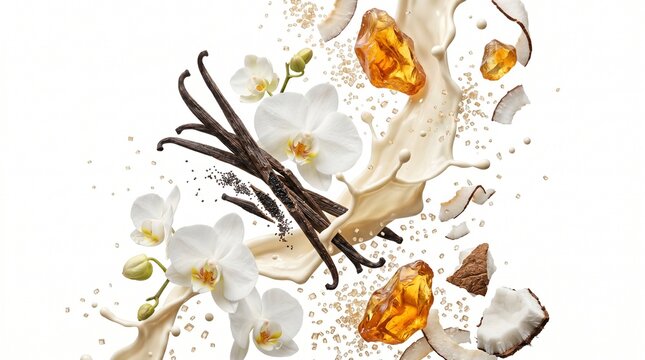 Vanilla and Amber Splash with Coconut and Orchids
Exotic Botanical Composition with Vanilla and Amber Crystals
Creative Vanilla Bean and Coconut Artistic Arrangement
Luxury Fragrance Ingredients with 