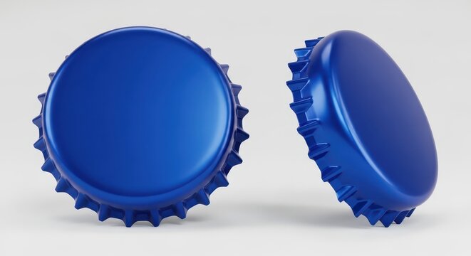 Two Blue Bottle Caps with Metallic Finish on White Background