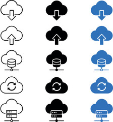 Obraz premium Cloud computing icon set including cloud download, upload, database, sync and server