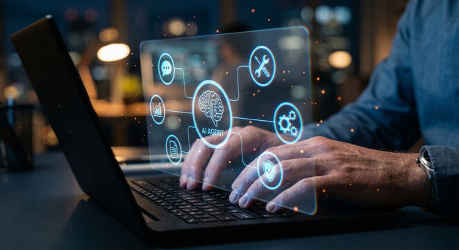 Businessman Using Laptop with Holographic AI Agent Network Interface