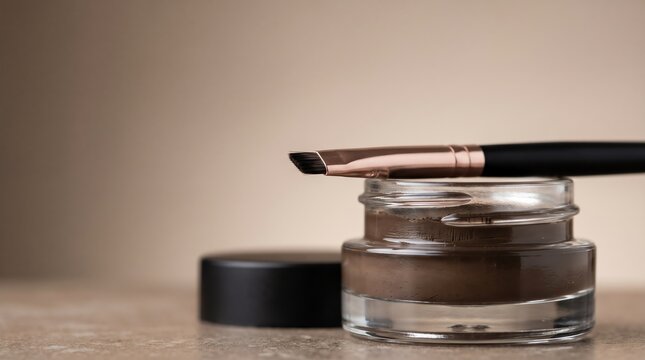 close up of brown eyebrow pomade gel jar with angled brush for cosmetic and brow makeup concept