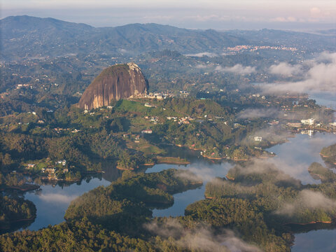Guatape piedra del pe&Atilde;&plusmn;ol with reservoir aerial view