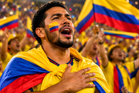Colombian fan singing anthem with flag and face paint