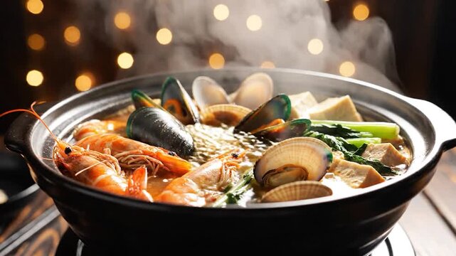 Steaming seafood hot pot with shrimp mussels and clams in a black ceramic bowl