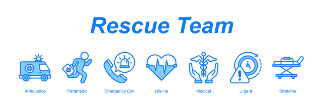 Rescue Team web banner icon concept for with icon of Ambulance, Paramedic, Emergency Call, Lifeline, Medical, Urgent, Stretcher.