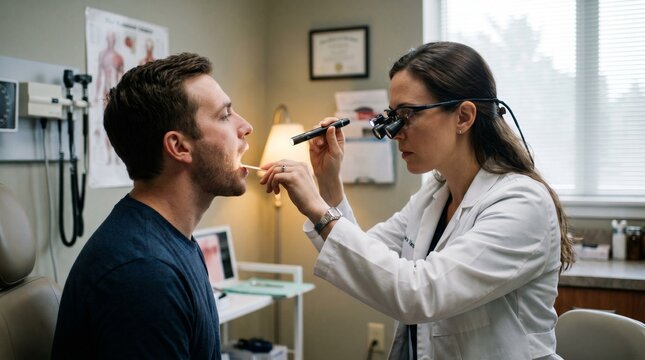 Medical specialist examining patient throat with penlight ear nose throat prevention checkup