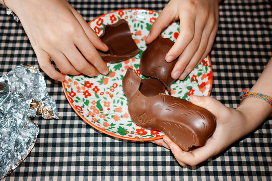 Sharing chocolate Easter bunny