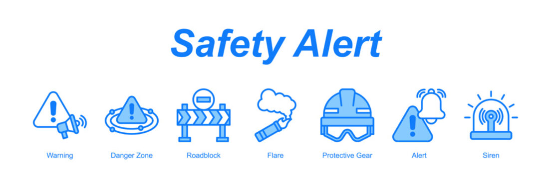 Safety Alert web banner icon concept for with icon of Warning, Danger Zone, Roadblock, Flare, Protective Gear, Alert, Siren.