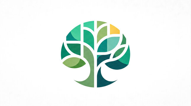 Abstract geometric tree logo symbolizing growth, sustainability, and interconnectedness in a vibrant mosaic design, ideal for environmental and natural branding