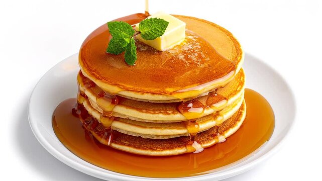 a pancake on the white plate with maple syrup isolated on white background