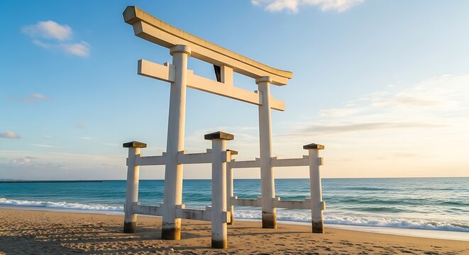 White torii gate on a sandy beach at sunset
