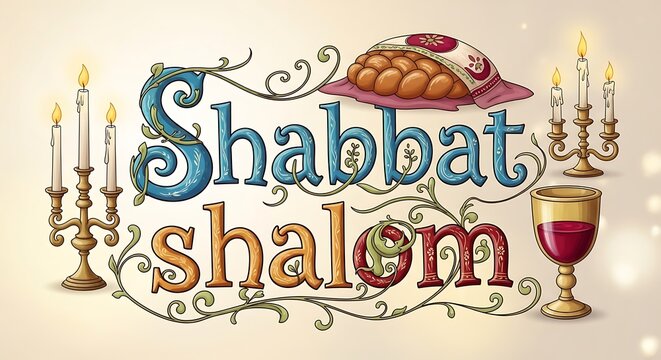 Shabbat shalom greeting with challah bread and lit candles