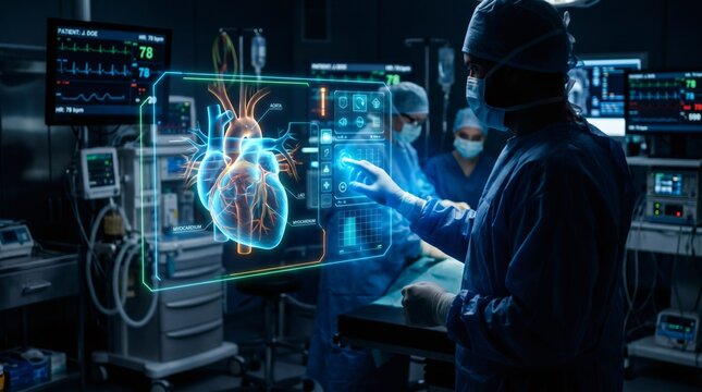 Surgeons analyzing holographic heart model in futuristic operating room