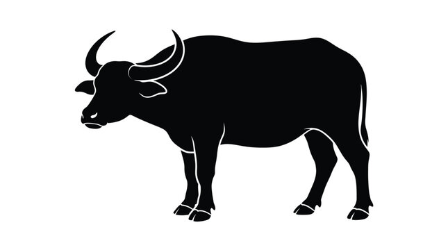 A minimalist silhouette of a powerful water buffalo standing still against a plain white background shown in a clean vector graphic style for modern design projects.