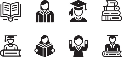Obraz premium Graduation Student Icons Set with Books, Caps, and Diploma Symbols in Bold Black Vector Style Featuring Academic Cap, Scholarship, Education With