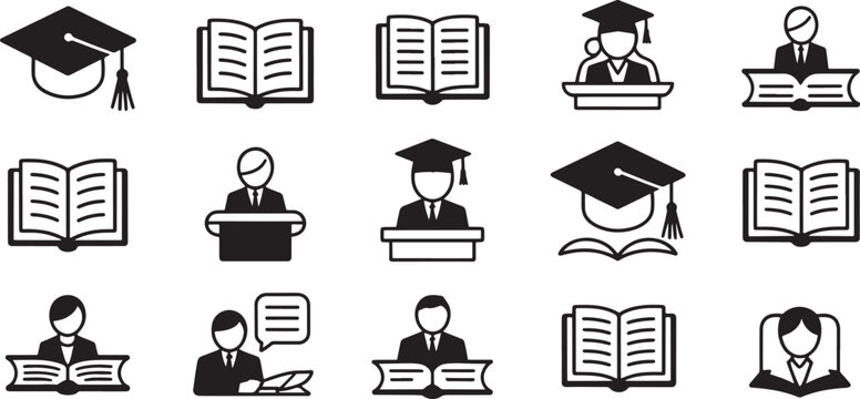 Graduation Cap and Open Book Education Icons Set for Academic Study, Teaching, Learning, and Diploma Themes