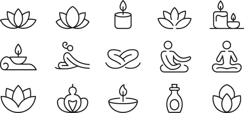 Candles, Lotus Flowers, and Spa Massage Icons Set in Clean Black Line Art on White Background Featuring Candle Flame, Meditation, Yoga Pose with Hand