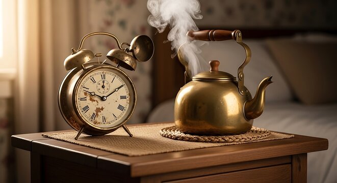 Vintage alarm clock and steaming brass kettle on a bedside table