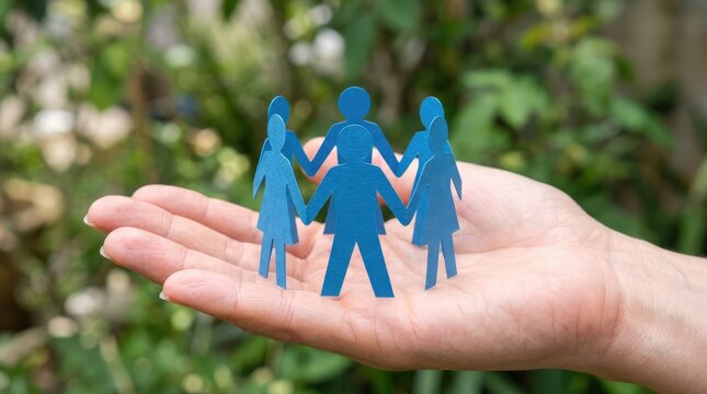 A hand gently holding a blue paper cutout of people holding hands in a circle, symbolizing unity and community. The background features soft, green foliage