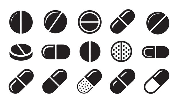 Set of medical pill icons depicting different pharmacy capsule shapes for healthcare design.