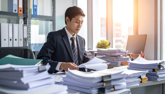 Young man in suit sits at desk. Stacks of papers surround him
