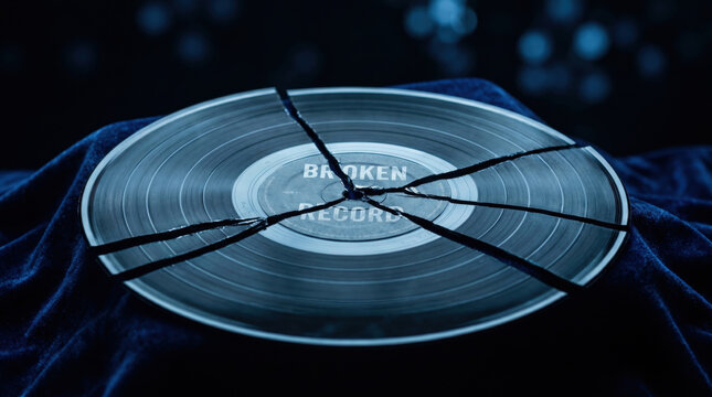Stock market visual metaphor broken record failure concept