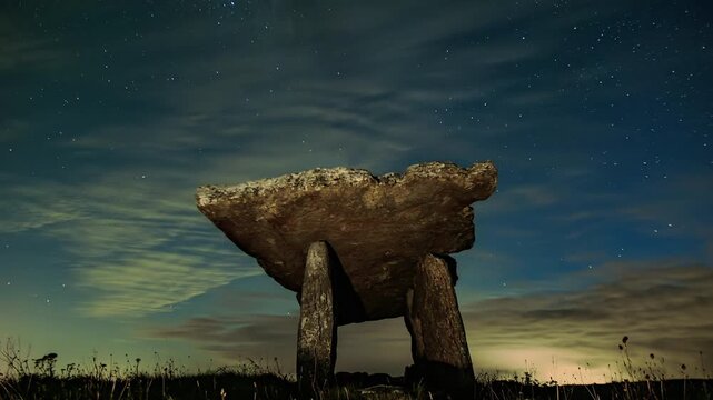 Night timelapse of Poulnabrone Dolmen, The Burren Ireland with Milky Way and dramatic clouds