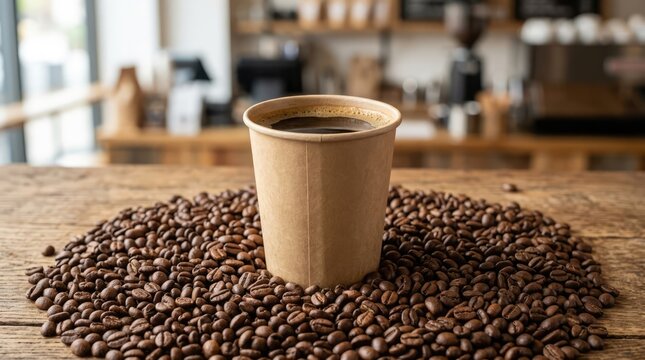 A paper cup filled with dark coffee, sitting on a pile of roasted coffee beans. The background shows a rustic wooden counter and shelves, hinting at a cozy cafe setting