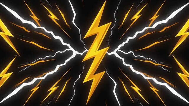 Dynamic Electric Lightning Bolt Array in High-Energy Cartoon Motion Graphics with Vibrant Yellow and White Glowing Effects on Dark Background