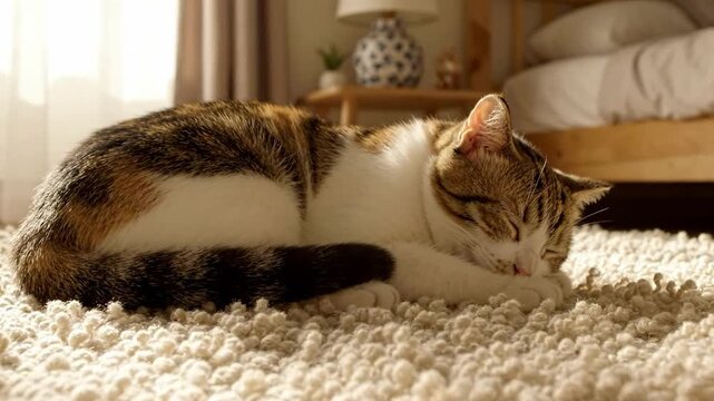 Calico cat sleeping peacefully on a soft rug in warm sunlight