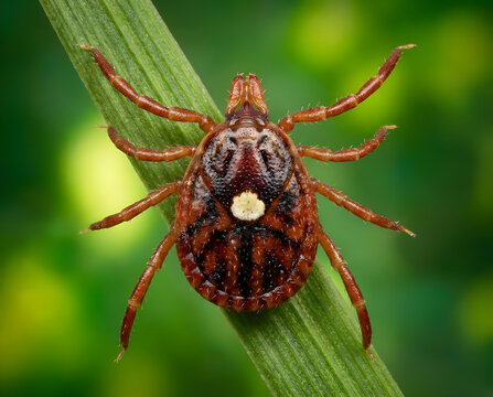 Lone star tick hanging on tall grass. Close-up photo of a Lone star tick awaiting to ambush prey.