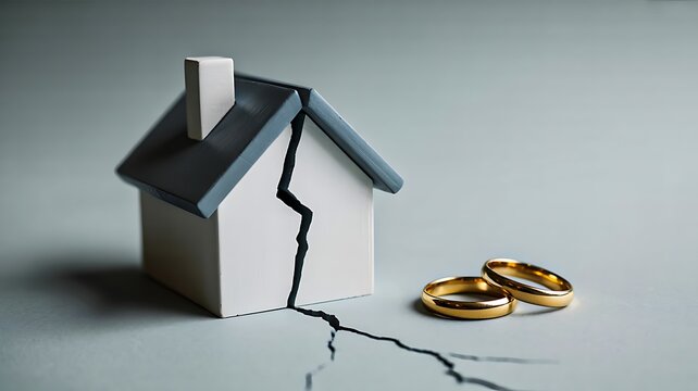 Broken house model with wedding rings representing divorce property separation and family legal dispute concept