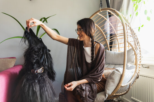 Woman sitting in a hanging chair and giving a treat to her dog