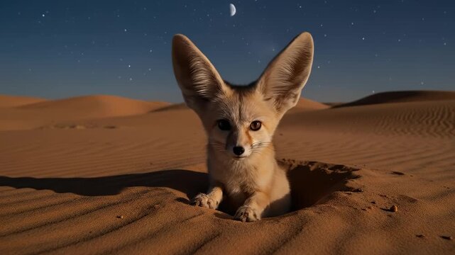 Small Fennec Fox Emerging From Sand in Desert Night