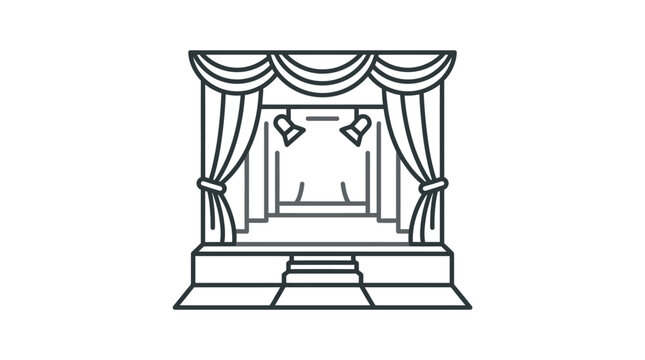 Empty theater stage with open curtains and spotlights.