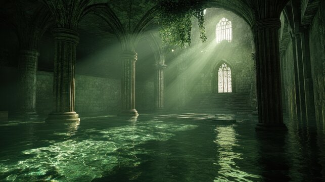 Sunlit, flooded ancient crypt