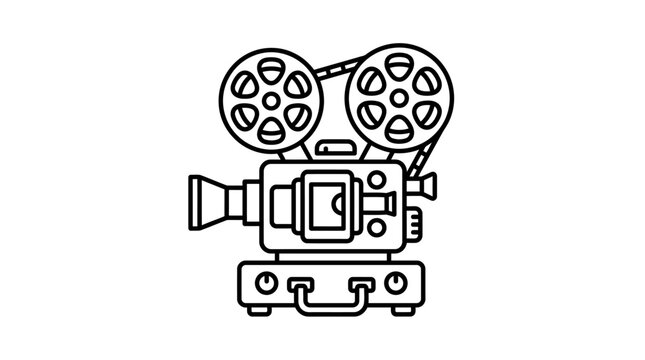 Retro movie projector with dual reels icon.