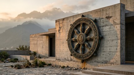 Obraz premium Dharma Wheel Carved in Stone on a Traditional Wall