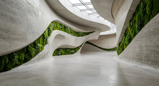 Futuristic Biophilic Architecture Interior with Organic Curved Concrete Forms and Living Moss Walls