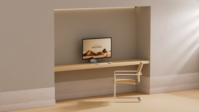 Minimalist work studio with desk and computer shows simple design
