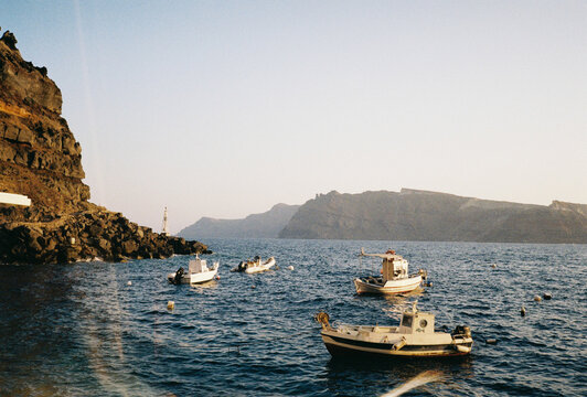 Fishing Boats Moored in Volcanic Bay, Santorini, Greece