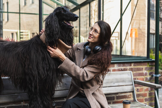 Smiling woman petting her Afghan Hound dog on an urban bench
