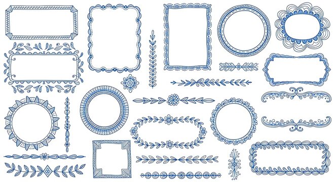 Blue hand drawn decorative frames and borders set