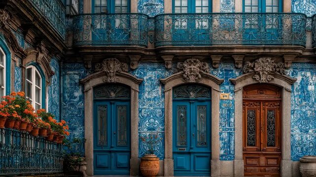 Charming Azulejo Facade with Blue Doors and Ornate Balconies in Porto, Portugal