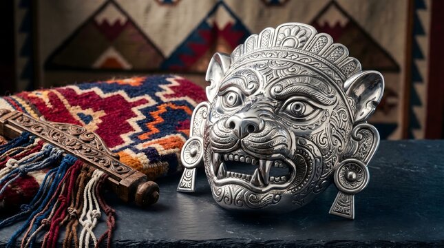 Traditional Balinese Silver Mask with Intricate Carvings and Textiles