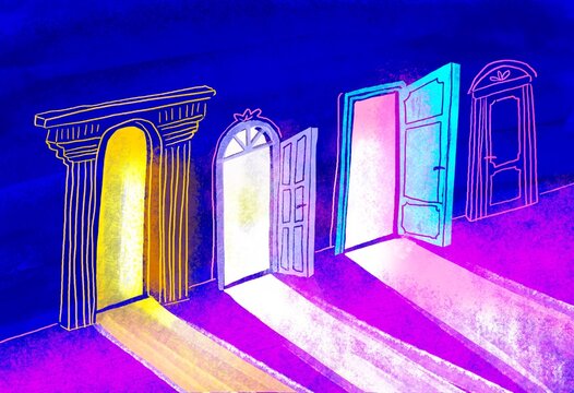 Multiple Open Doors in Different Colors &ndash; Choice and Opportunity Conce