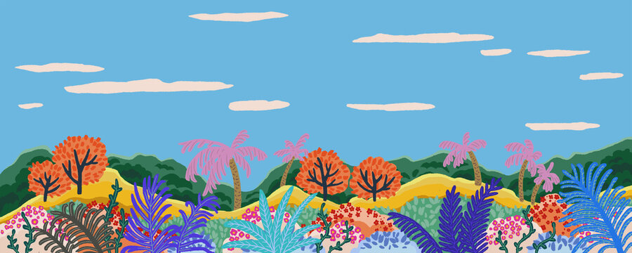 Colorful Tropical Landscape with Exotic Plants and Palm Trees